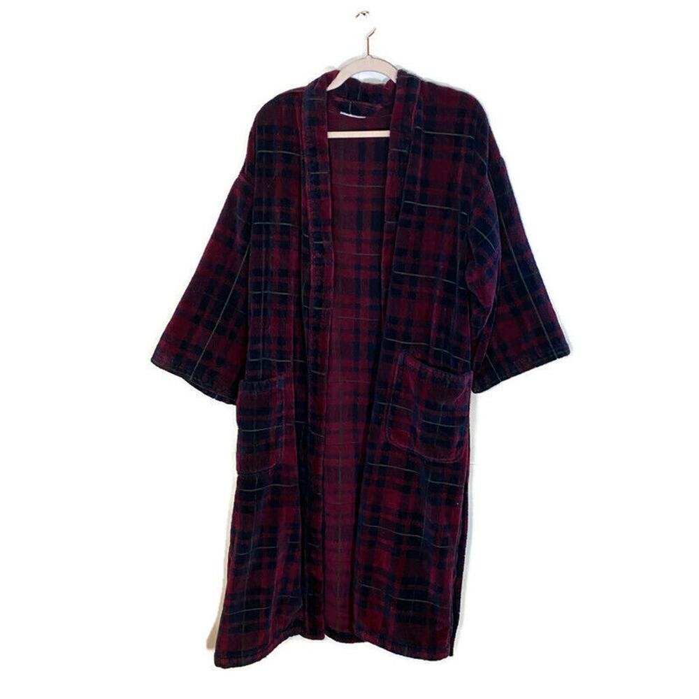 Vtg Linens N Things Robe One Size Plaid Belted Knee Length Thick Dad Cotton 80s